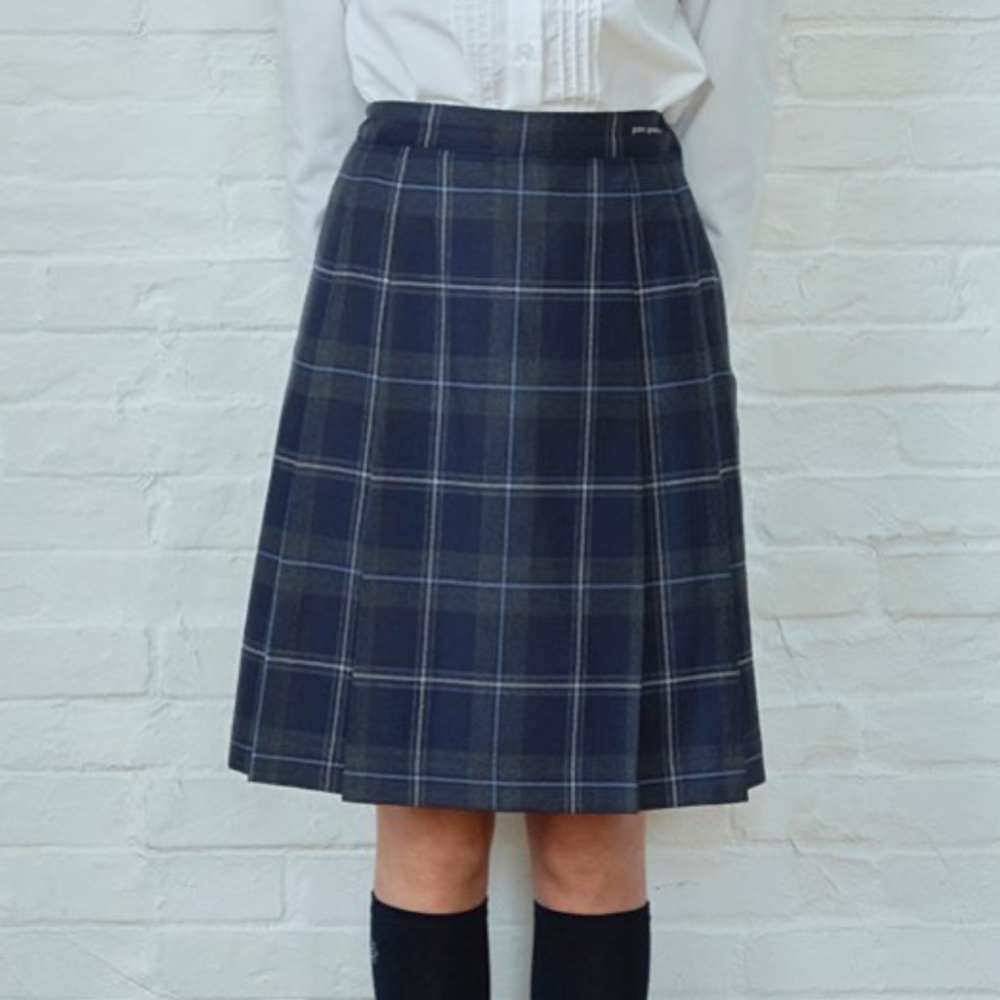 Vintage Wool Navy Plaid Midi Skirt